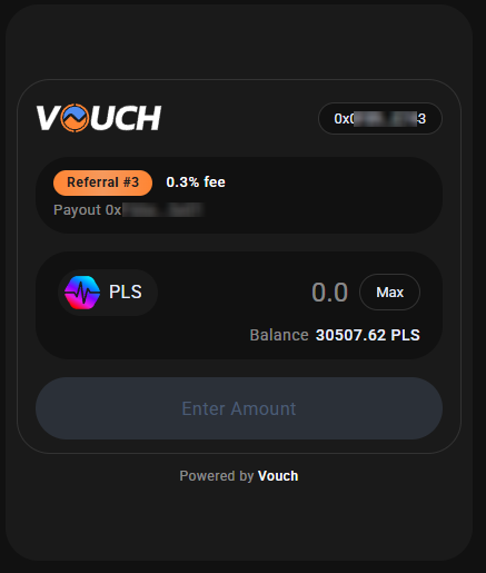 A Vouch wallet interface showing a PLS token swap with 0.3% fee, balance of 30507.62 PLS, and an "Enter Amount" field powered by Vouch.