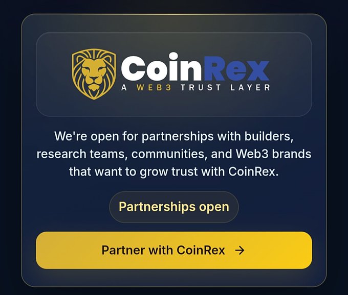 CoinRex promotional card displaying its lion logo and tagline 'A WEB3 TRUST LAYER,' inviting partnerships with a 'Partner with CoinRex' button.