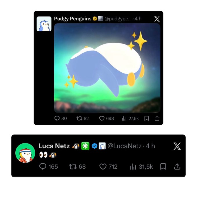Two Twitter/X posts are visible: one from Pudgy Penguins (@pudgype...) featuring an illustration of a penguin surrounded by sparkles against a green aurora background, and a reply from Luca Netz (@LucaNetz) with penguin emojis.