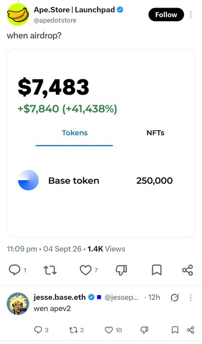 The image is a tweet from Ape.Store | Launchpad (@apedotstore) captioned "when airdrop?" showing a portfolio value of $7,483 with a gain of +$7,840 (+41,438%), including a holding of 250,000 Base tokens. Below is a quoted reply from jesse.base.eth (@jessep...) commenting "wen apev2," referencing the poster's inquiry to Grok about a potential BASE airdrop while highlighting their substantial Base token holdings.
