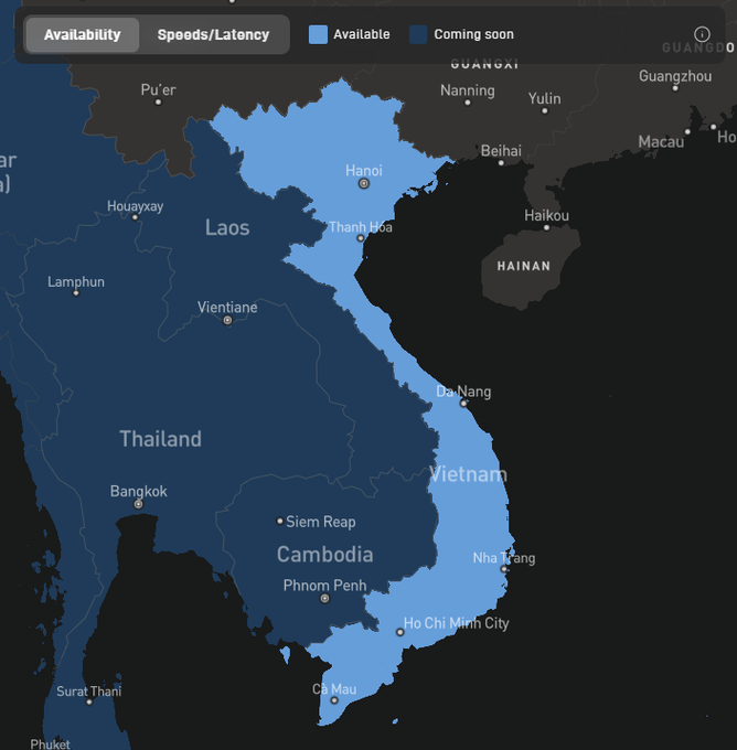 A dark-themed availability map of Southeast Asia showing Vietnam highlighted in light blue as 'Available' and surrounding countries like Thailand, Cambodia, and Laos in dark blue as 'Coming soon,' with major cities labeled.