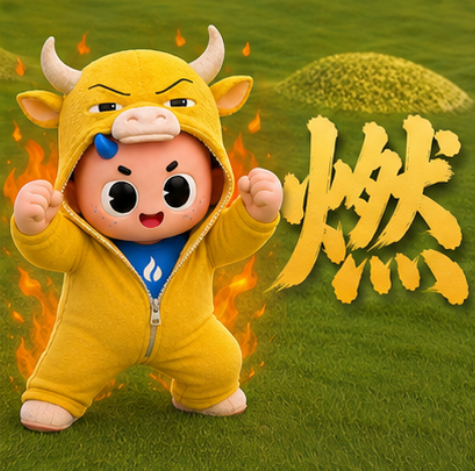 A cartoon character wearing a yellow bull/cow onesie with horns, standing in flames next to the large Chinese character "燃" (ràn, meaning 'burning').