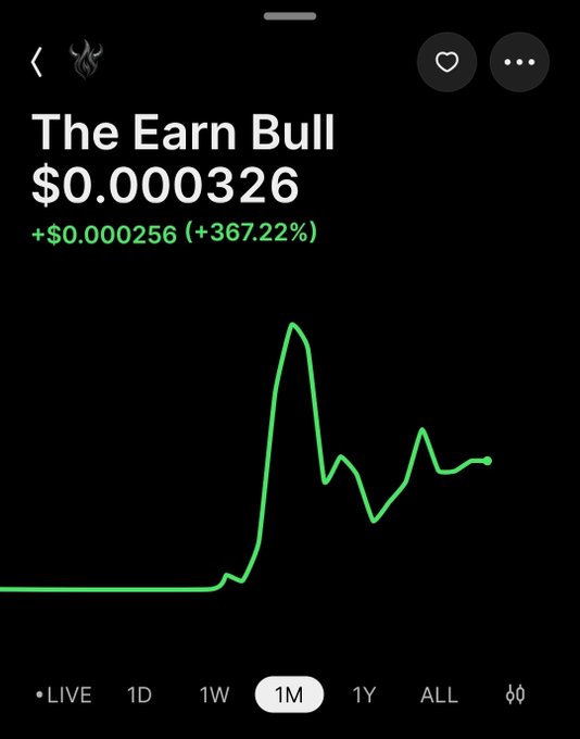A mobile app screen showing 'The Earn Bull' at '$0.000326' with a gain of '+0.000256 (+367.22%)' and a green 1M price chart.