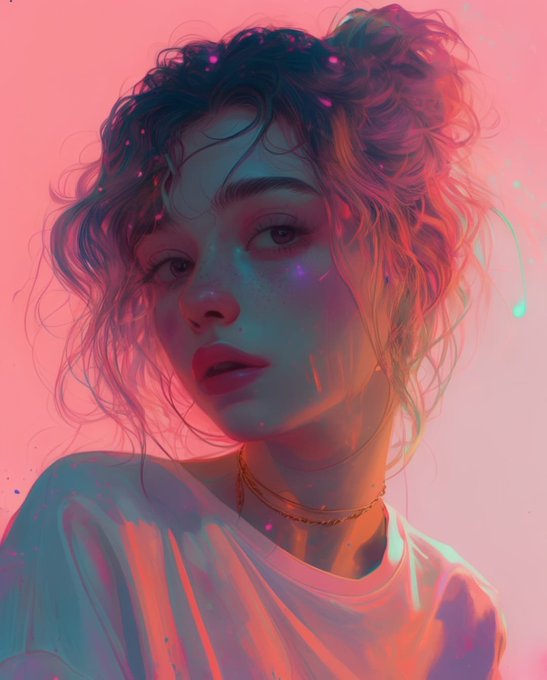 A stylized digital portrait of a young woman with curly hair illuminated by vibrant pink and blue lighting against a soft pink background.