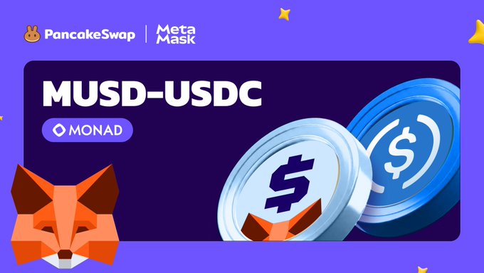 The image features a poster for PancakeSwap, which is an online marketplace where people can buy and sell pancakes. The poster includes two coins with dollar signs on them, symbolizing the currency used at PancakeSwap. The text "MUSD-USDC" is displayed in white letters above the coins, indicating that these are digital tokens or cryptocurrencies being sold by PancakeSwap.