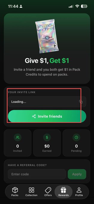 A mobile phone screenshot showing a Pokémon TCG Pocket referral page with 'Give $1, Get $1' promotion, featuring a highlighted 'Invite friends' button and tracking stats.