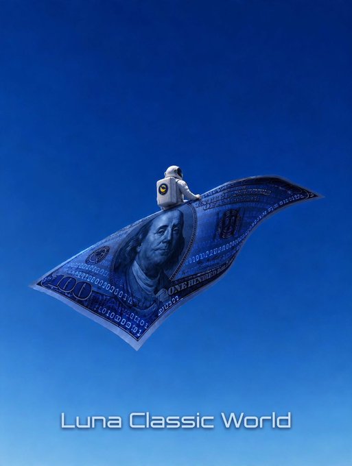Digital artwork showing an astronaut riding a bill from the cryptocurrency Luna Classic against a blue sky, with text 'Luna Classic World' at the bottom.