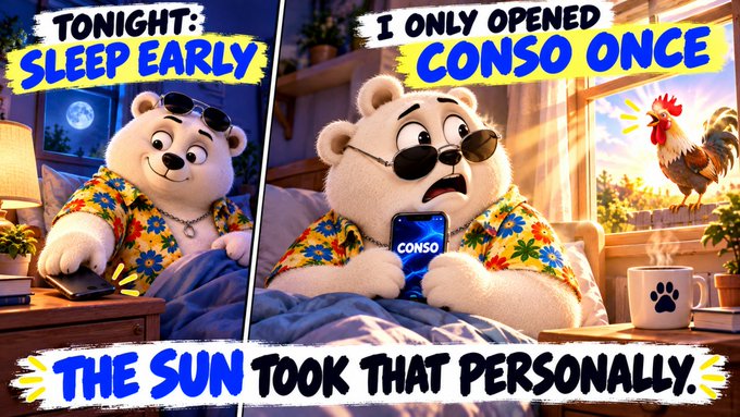 A meme featuring a cartoon polar bear in sunglasses and a Hawaiian shirt in bed, with text reading 'TONIGHT: SLEEP EARLY' and 'I ONLY OPENED CONSO ONCE', concluding with 'THE SUN TOOK THAT PERSONALLY' as a rooster crows at the window.