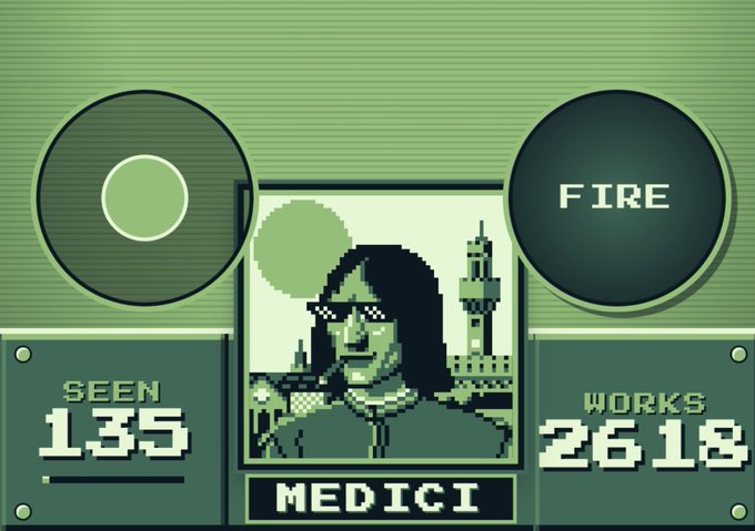 A retro-style pixel art interface featuring a character wearing sunglasses with the name 'MEDICI' displayed, showing 'SEEN 135' and 'WORKS 2618' stats, with 'FIRE' button visible.
