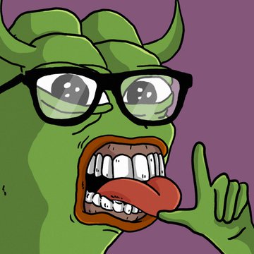 A cartoon illustration of a green-skinned horned character wearing large black glasses, with its tongue sticking out and pointing upward with its index finger.