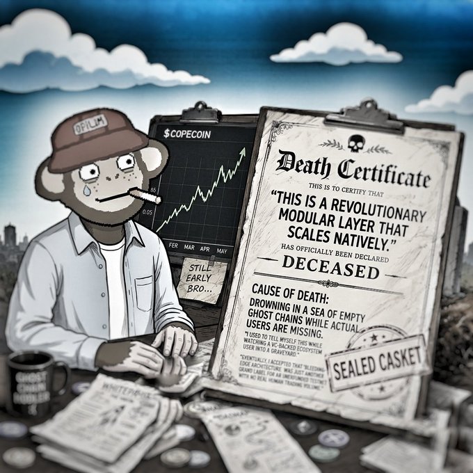 The image features a cartoon monkey sitting at a desk with papers and a death certificate. The monkey appears to be smoking a cigarette as they sit behind a computer monitor. The text of the death certificate reads "This is a revolutionu...," which could potentially be a reference to the concept of modularity in computer science or architecture, but it's unclear from the image alone.