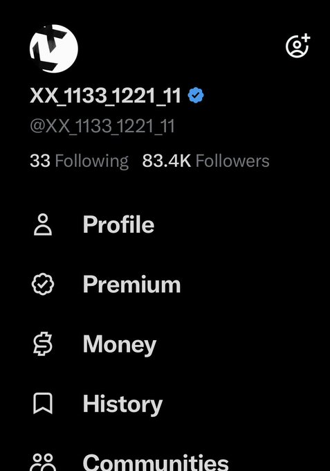 A Twitter/X profile screenshot shows the user "XX_1133_1221_11" with a verified checkmark, 33 Following, and 83.4K Followers, displaying menu options like Profile, Premium, Money, History, and Communities.