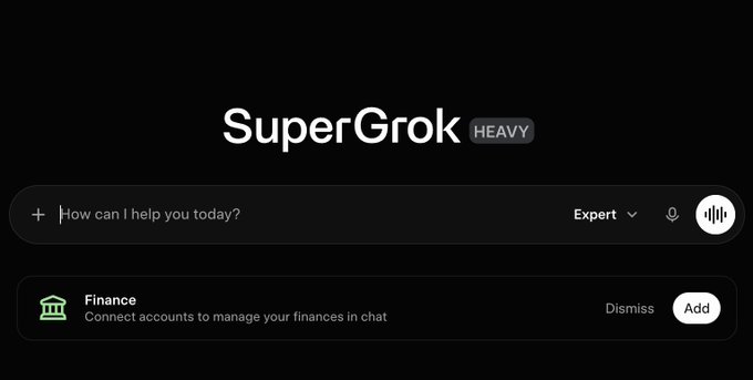 Screenshot of the 'SuperGrok HEAVY' AI chat interface by xAI with a finance connect feature suggestion displayed.