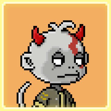 A pixel art character portrait of a pale-skinned figure with small red devil horns, white hair, a red mark on their forehead, and an indifferent expression, wearing a brown jacket against an orange background.