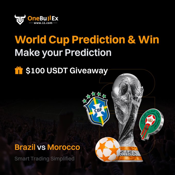 This image shows a group of people with one large trophy prominently displayed at the center, along with other soccer-themed images surrounding it. The text above the trophy announces a World Cup Prediction & Win challenge with the prize being $100 USDT, and the website "www.OneBullEx.com" is provided as a potential platform for participating in this contest.
