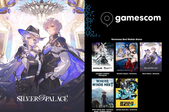 A gamescom promotional graphic highlighting "Silver Palace" as a nominee for Best Mobile Game, alongside other nominees like Arknights: Endfield, Genshin Impact, Where Winds Meet, and Zenless Zone Zero.