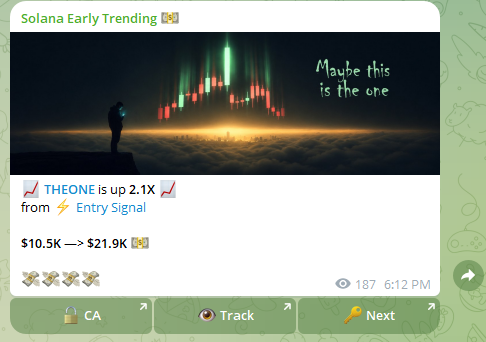 The image shows a screenshot of a social media platform, where there are multiple emojis representing different types of content or interactions. One of these emojis features a person standing near a city skyline at sunset with a green light shining on them. The caption for this image reads "Solana Early Trending".