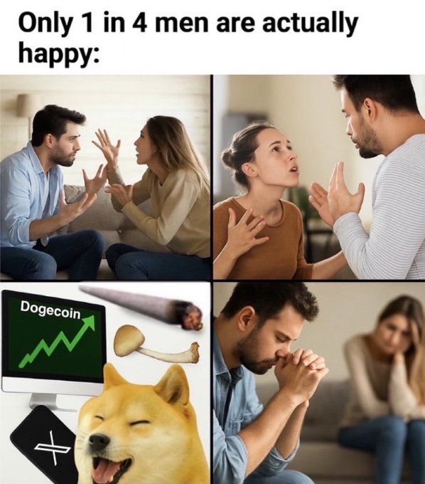 A four-panel meme titled 'Only 1 in 4 men are actually happy:' showing three panels of men in stressful relationship situations and one panel featuring a Dogecoin chart, a Shiba Inu dog, and drug paraphernalia.