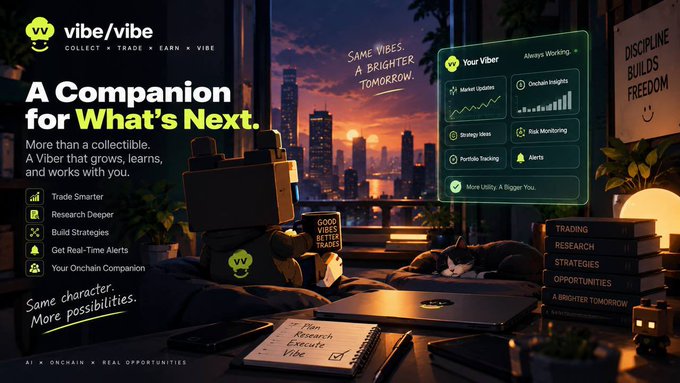 A promotional graphic for Vibe/Vibe featuring the "Viber" character at a desk with a tablet displaying trading tools (Market Updates, Onchain Insights, Strategy Ideas, Risk Monitoring, Portfolio Tracking, Alerts), alongside the tagline "A Companion for What's Next" and features like "Trade Smarter," "Research Deeper," "Build Strategies," "Get Real-Time Alerts," and "Your Onchain Companion."

The image visually reinforces the post's point that the Viber NFT is positioned not as a static collectible but as an evolving "onchain companion" that becomes more useful over time through AI-driven trading, research, and strategy tools.
