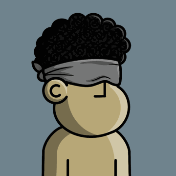 A simple cartoon illustration of a figure with a curly black afro wearing a gray headband against a blue background.