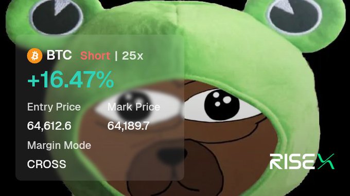 A 'Brrr' frog meme wearing a green hat, displaying a cryptocurrency trading interface showing 'BTC Short | 25x' with a +16.47% gain, Entry Price of 64,612.6, Mark Price of 64,189.7, Margin Mode CROSS, branded with the RiseX logo.