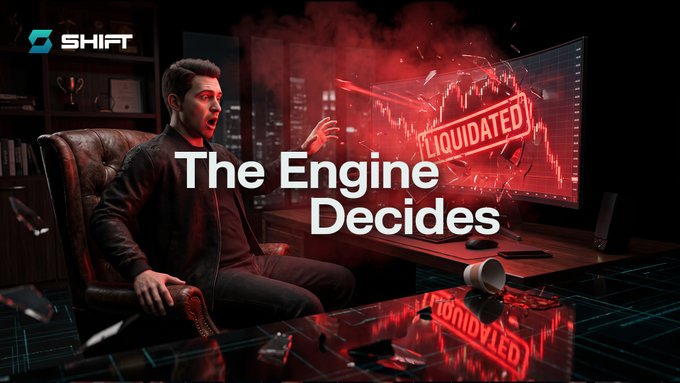 A promotional banner featuring a shocked man in a leather jacket sitting at a desk, with a shattered screen displaying 'LIQUIDATED' in red, accompanied by the SHIFT logo and the bold text 'The Engine Decides'.