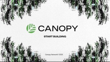 A minimalist graphic featuring the logo 'CANOPY' in green and black, with the tagline 'START BUILDING' centered on a white background framed by green foliage patterns, and small text reading 'Canopy Network© 2025' at the bottom.