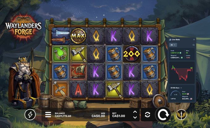A screenshot from the "Waylander's Forge" slot game on Stake shows a recent win of CA$32,905 with a balance of CA$11,772.60 and a current bet of CA$1.00, celebrating a big payday in the casino game.