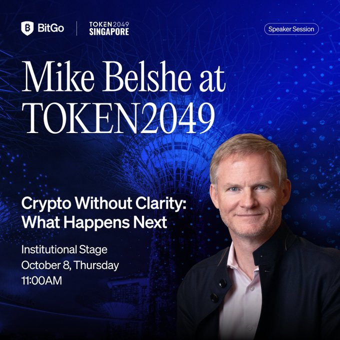 A promotional graphic for the TOKEN2049 conference in Singapore features Mike Belshe speaking on 'Crypto Without Clarity: What Happens Next' on the Institutional Stage on October 8 at 11:00 AM.