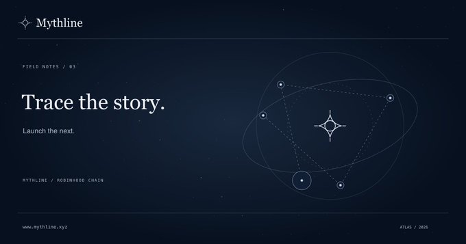 A dark promotional graphic for 'Mythline' on the Robinhood Chain featuring the tagline 'Trace the story. Launch the next.' with celestial orbital diagrams and the date 'ATLAS / 2025'.