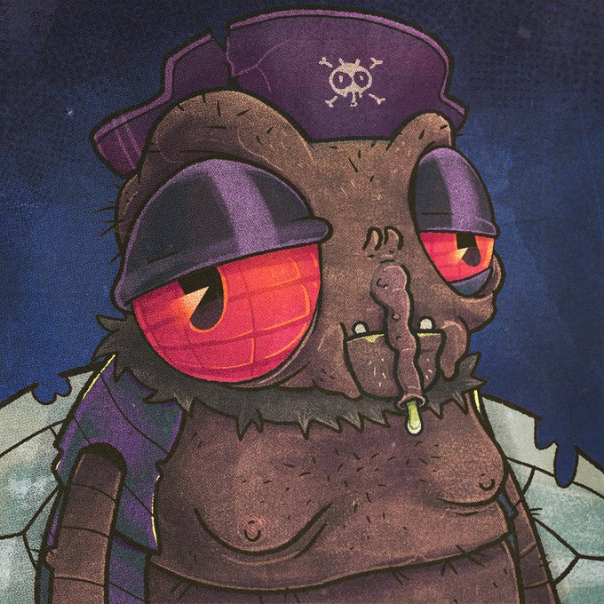 The image features a cartoon-style illustration of a fly with red eyes, a purple hat, and a pirate hat. The fly appears to be wearing a cape and has a sword in its mouth. The background is dark blue, which contrasts with the colorful depiction of the fly. The caption at the bottom of the image reads "GM CT Happy weekend y'all! The general sentiment in the crypto space is very bearish, ETH is way down, honestly this is the perfect time to rotate into your favourite NFT and use it as a hedge when the market pumps back up Have a lovely weekend!!".