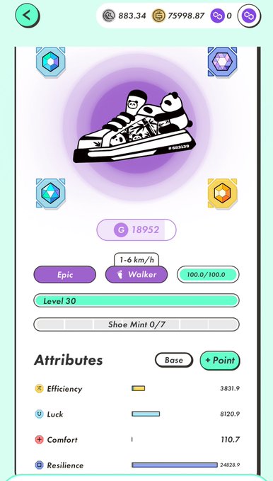 A mobile game screen showing an 'Epic' sneaker NFT at Level 30 with attributes like Efficiency, Luck, Comfort, and Resilience displayed below.