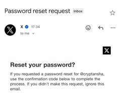 An email screenshot from X (formerly Twitter) titled 'Password reset request,' asking the user @cryptanhita if they requested a password reset and providing a confirmation code.