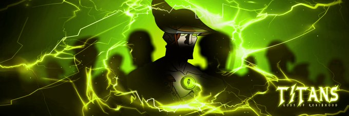 A stylized animated banner with a character surrounded by green lightning effects, with the text 'TITANS GONE OF HOLLYWOOD' displayed in the corner.
