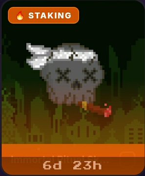 The image shows a pixel art NFT featuring a gray skull with X-eyes and white wings smoking a cigar in a dark graveyard setting, labeled "STAKING" at the top with a countdown timer reading "6d 23h" at the bottom. This appears to be a staked "IRS" NFT from the Ritual OnChain collection that the user mentions receiving as a gift and purchasing additional pieces of.