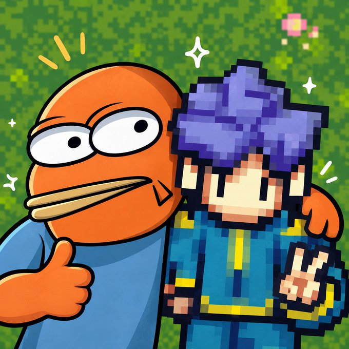 An orange character named BOB gives a thumbs-up while standing arm-in-arm with a pixelated blue-haired figure in a grassy Minecraft-style setting, representing the "BOB x BreathOfEstova" collaboration teased in the post.