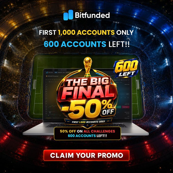 A promotional advertisement for Bitfunded featuring 'The Big Final -50% OFF' deal, limited to the first 1,000 accounts with 600 accounts remaining, displayed against a stadium background with a laptop showing a trading platform.