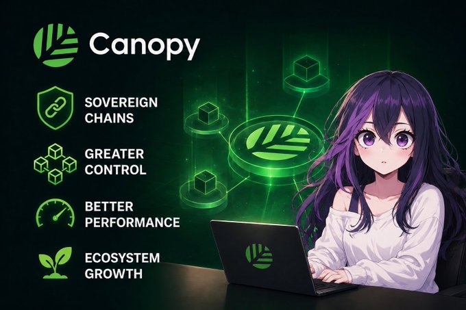 A promotional graphic for 'Canopy' featuring an anime-style character with purple hair at a laptop, alongside feature icons for 'Sovereign Chains,' 'Greater Control,' 'Better Performance,' and 'Ecosystem Growth.'