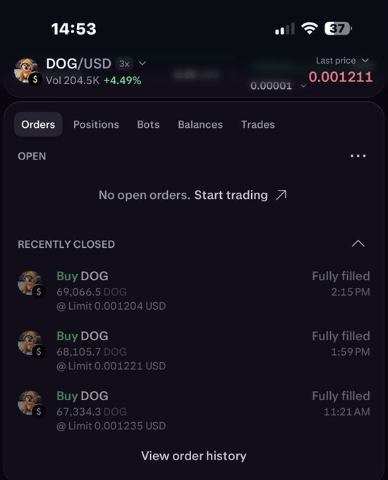 A mobile trading app screenshot at 14:53 shows DOG/USD with a last price of 0.001211 (+4.49%), displaying recently closed buy orders for DOG at limits of 0.001204, 0.001221, and 0.001235 USD.