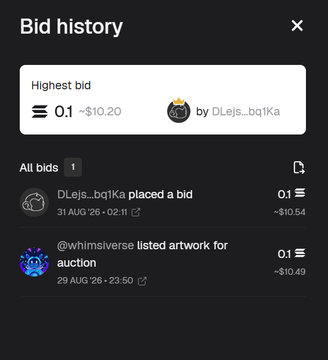 A bid history screen shows the current highest bid at 0.1 (~$10.20) placed by DLejs..bq1Ka on an artwork by @whimisiverse, with the auction having started on August 29. This confirms the auction launch mentioned in the post, where both digital and physical versions are now unlocked for bidding starting at 0.1 SOL.