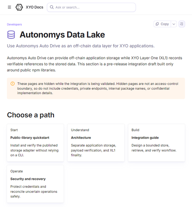 Screenshot of 'XYO Docs' webpage titled 'Autonomys Data Lake,' explaining how Autonomys Auto Drive can provide off-chain application storage for XYO applications, with sections for Start, Understand, Build, and Operate.