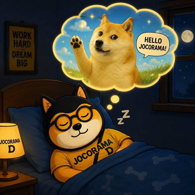 llorama, a cartoon dog with glasses and a black hat, sleeps peacefully on a blue bedspread, accompanied by a yellow pillow and a nightstand lamp.