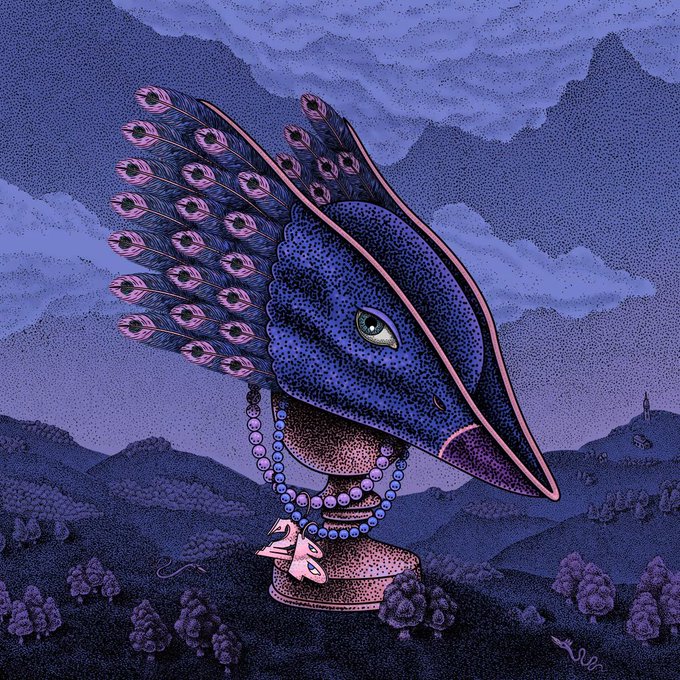 The image features a blue peacock head with a pink feather hat, sitting atop a pedestal or stand. The peacock's head is adorned with a necklace of beads that are colored purple and white. The background of the image depicts a mountain range under a cloudy sky. There are also some trees visible in the scene.