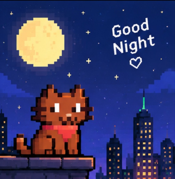 A pixel art image displays a brown cat wearing a red bandana sitting on a rooftop under a starry night sky with a large yellow moon, with 'Good Night ♡' written in white text.