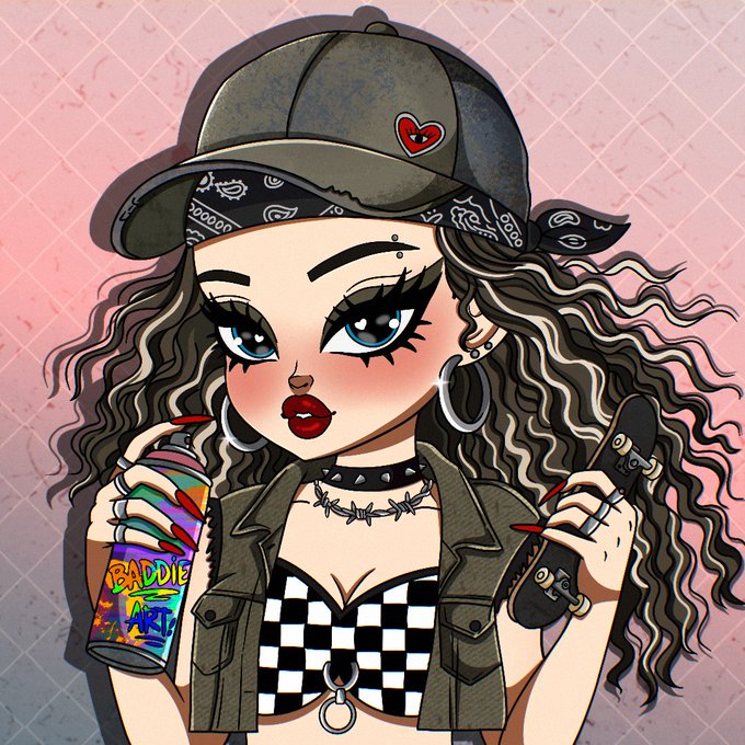 A stylized cartoon illustration of a bold, edgy girl with voluminous curly hair, wearing a backwards cap with a heart patch, a bandana, hoop earrings, and layered necklaces over a checkered top. She holds a colorful "BADDIE ART" spray paint can in one hand and a skateboard in the other, embodying the rebellious, attitude-filled vibe of the post's "Too cool for the sidewalk, too wild for the rules" message.