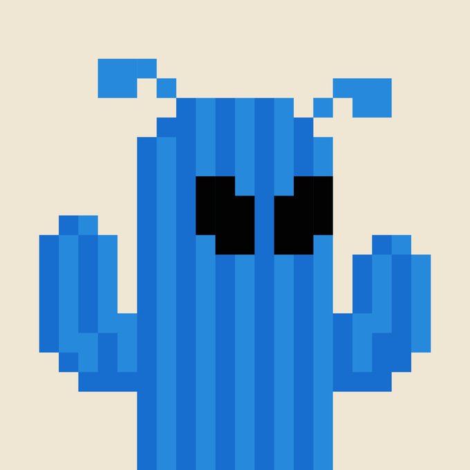 A pixel art illustration of a blue cactus-like figure with a sad face, featuring black square eyes against a beige background.