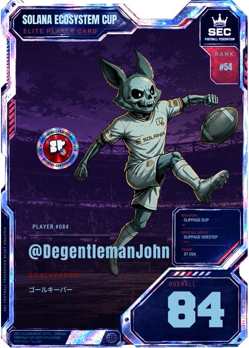 The image features a cartoon character dressed as a skeleton playing football with a ball. The character has a skull design on its face and is wearing a white jersey. The background of the image shows a stadium, indicating that this scene takes place during a soccer game or practice session. The caption below the image reads "I pulled my Solana Ecosystem Cup player card at footify.us was never a goalkeeper in my soccer career, but i'll take it".