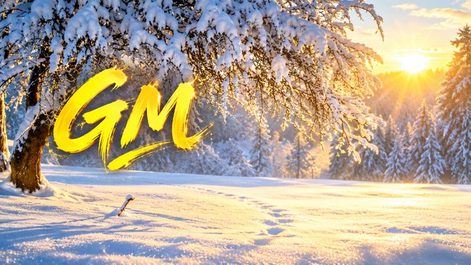 A snowy winter landscape at sunset features trees covered in snow and yellow 'GM' brushstroke text overlaid on the scene.