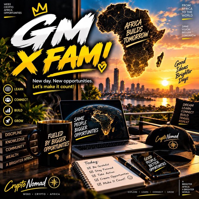 A promotional graphic with the text 'GIM X FAM!' and 'Crypto Nomad', featuring an African map, a laptop, and a notebook listing daily goals.