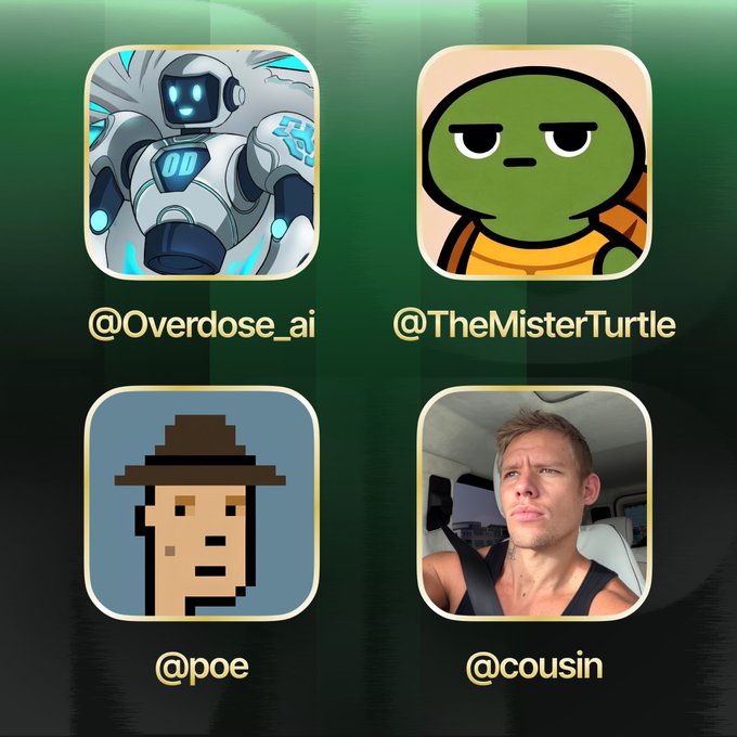 Four profile icons labeled @Overdose_ai (robot), @TheMisterTurtle (green turtle character), @poe (pixelated figure with hat), and @cousin (person in car).